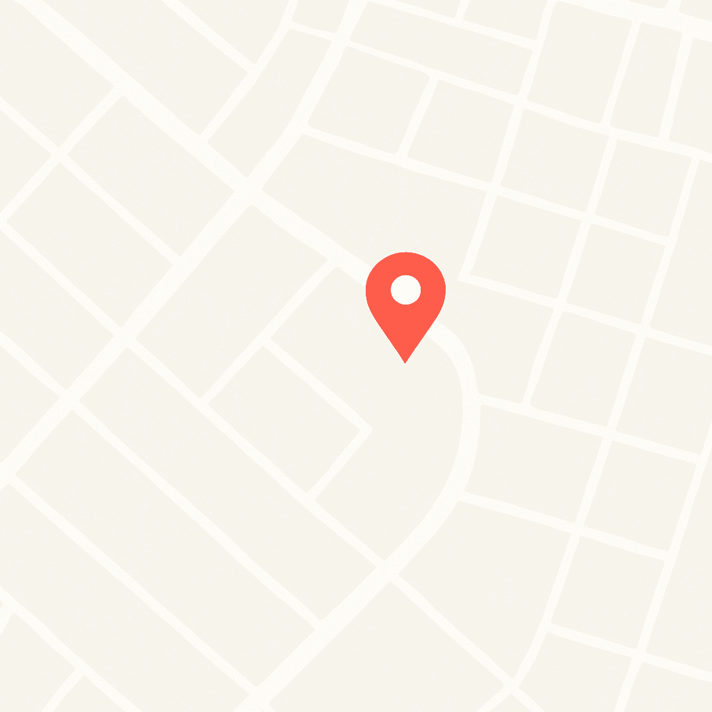 Eine stilisierte Karte mit einem roten Map-Pin ist zu sehen.